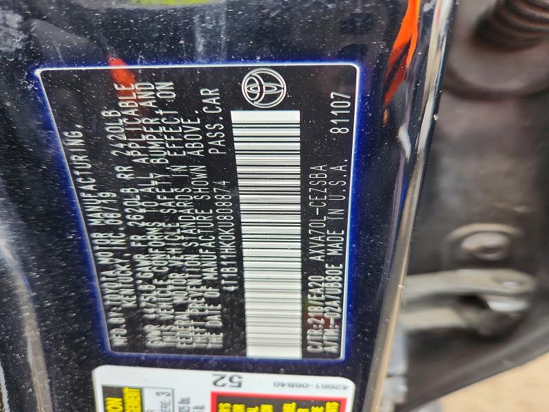 52520926 :رقم المزاد ، 4T1B11HK0KU808874 vin ، 2019 Toyota Camry مزاد بيع