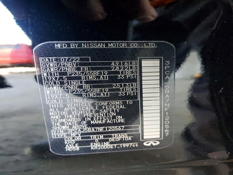 54432836 :رقم المزاد ، 3PCAJ5BA7NF120567 vin ، 2022 Infiniti Qx50 مزاد بيع