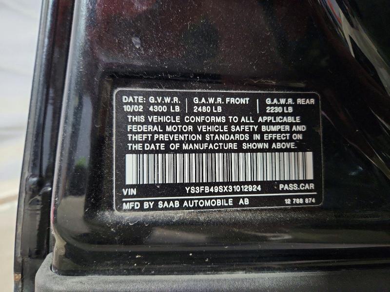 2003 Saab 9-3 მანქანა იყიდება აუქციონზე, vin: YS3FB49SX31012924, აუქციონის ნომერი: 54541896