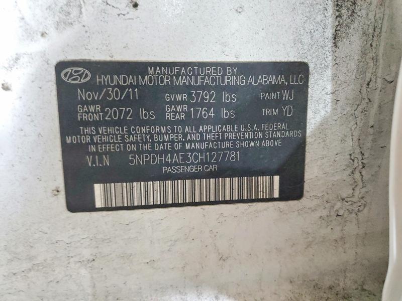 52060186 :رقم المزاد ، 5NPDH4AE3CH127781 vin ، 2012 Hyundai Elantra مزاد بيع