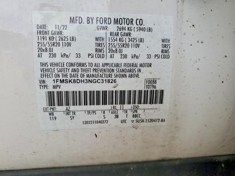 54324626 :رقم المزاد ، 1FMSK8DH3NGC31826 vin ، 2022 Ford Explorer مزاد بيع