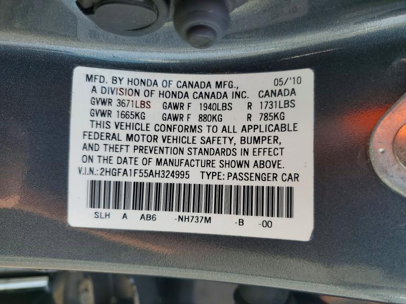 54179656 :رقم المزاد ، 2HGFA1F55AH324995 vin ، 2010 Honda Civic مزاد بيع