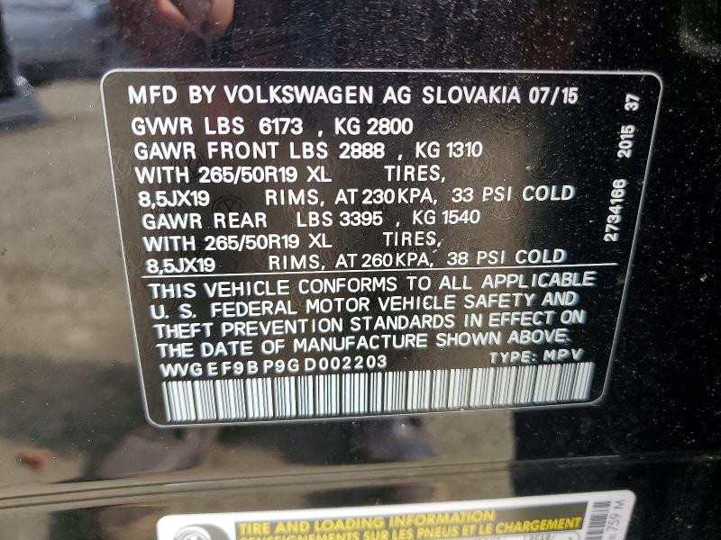 50517126 :رقم المزاد ، WVGEF9BP9GD002203 vin ، 2016 Volkswagen Touareg مزاد بيع