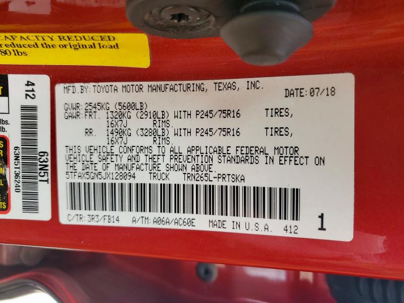 55240466 :رقم المزاد ، 5TFAX5GN5JX128094 vin ، 2018 Toyota Tacoma مزاد بيع
