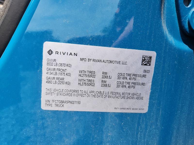 Продаж на аукціоні авто 2023 Rivian R1t, vin: 7FCTGBAA5PN027150, номер лоту: 55369116