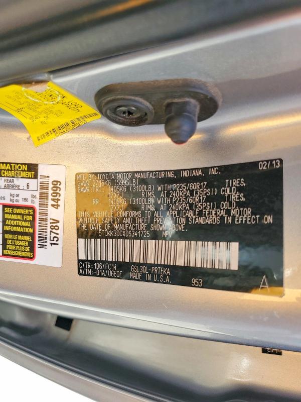 54481306 :رقم المزاد ، 5TDKK3DCXDS341725 vin ، 2013 Toyota Sienna مزاد بيع
