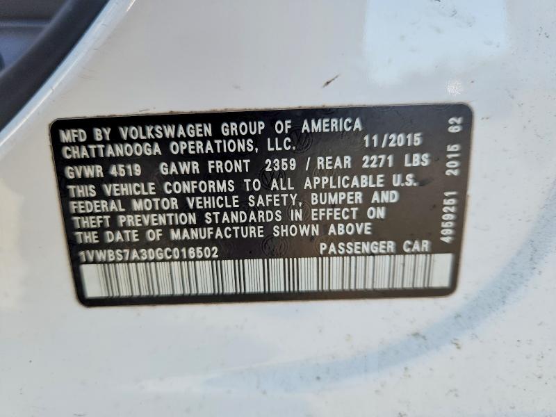 2016 Volkswagen Passat მანქანა იყიდება აუქციონზე, vin: 1VWBS7A30GC016502, აუქციონის ნომერი: 54285416