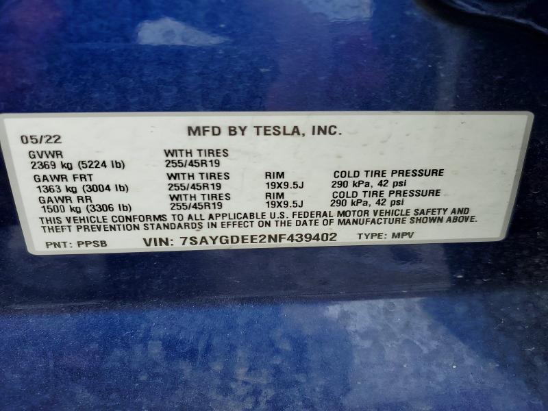 Продажа на аукционе авто 2022 Tesla Model Y, vin: 7SAYGDEE2NF439402, номер лота: 53229956