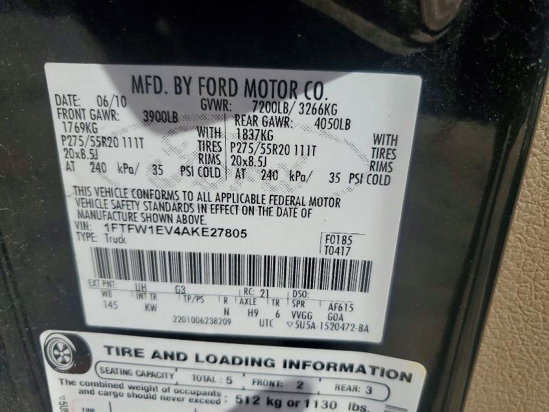 53448856 :رقم المزاد ، 1FTFW1EV4AKE27805 vin ، 2010 Ford F150 مزاد بيع