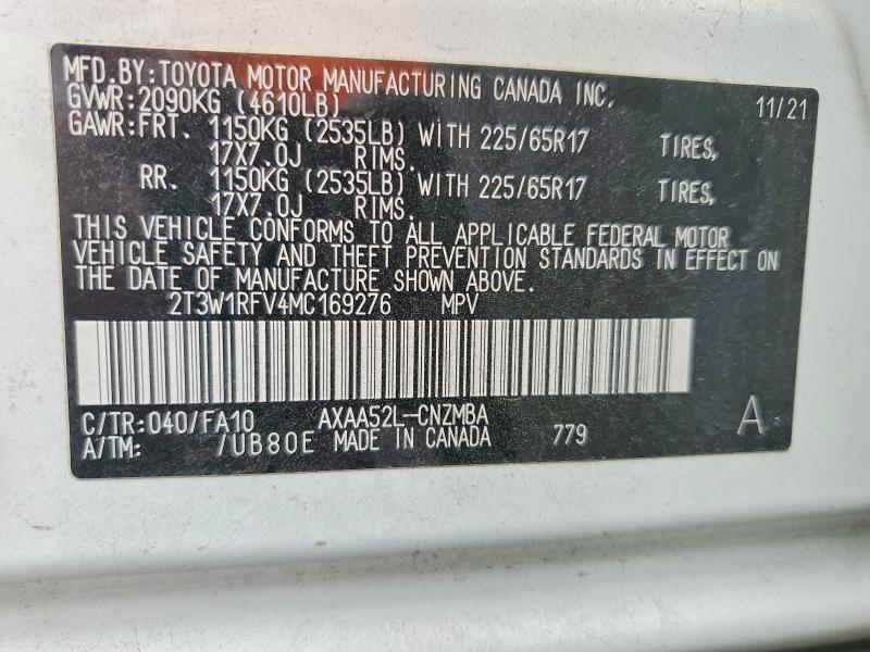 2021 Toyota Rav4 მანქანა იყიდება აუქციონზე, vin: 2T3W1RFV4MC169276, აუქციონის ნომერი: 55069776