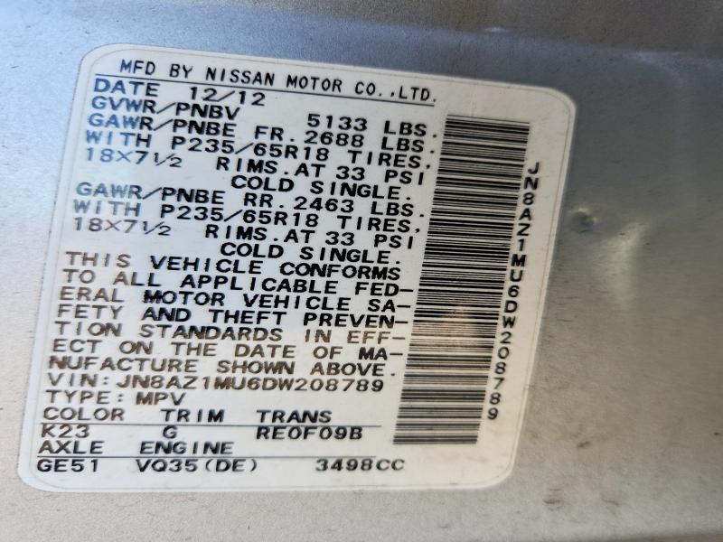 2013 Nissan Murano მანქანა იყიდება აუქციონზე, vin: JN8AZ1MU6DW208789, აუქციონის ნომერი: 54802156