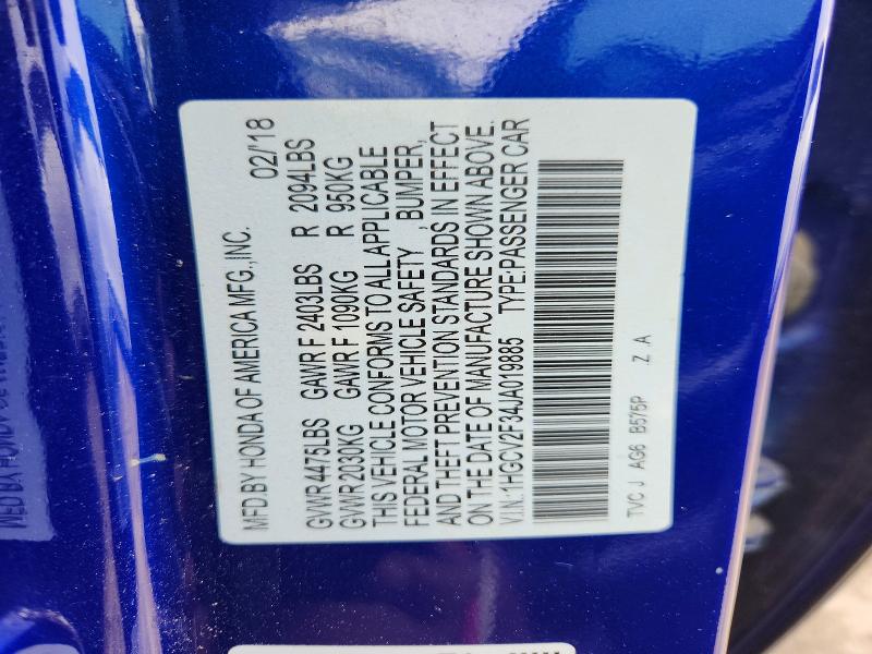 54512126 :رقم المزاد ، 1HGCV2F34JA019885 vin ، 2018 Honda Accord مزاد بيع