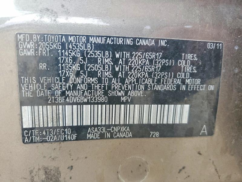 Aukcja sprzedaży 2011 Toyota Rav4, vin: 2T3BF4DV6BW133980, numer aukcji: 53519496