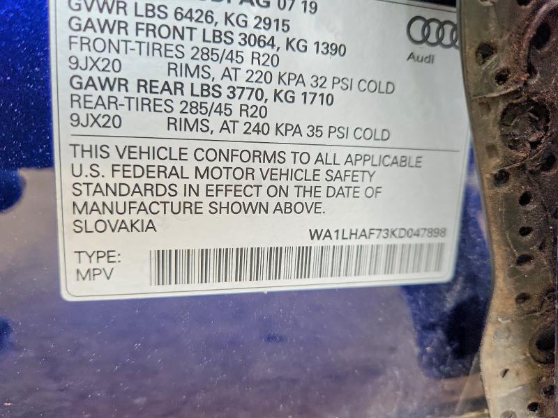 2019 Audi Q7 მანქანა იყიდება აუქციონზე, vin: WA1LHAF73KD047898, აუქციონის ნომერი: 53559686