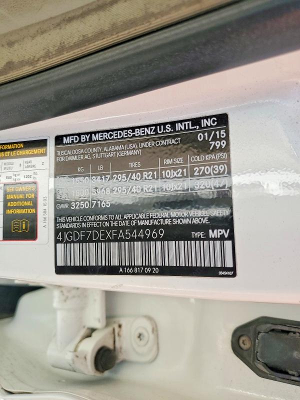 52320426 :رقم المزاد ، 4JGDF7DEXFA544969 vin ، 2015 Mercedes-benz Gl مزاد بيع