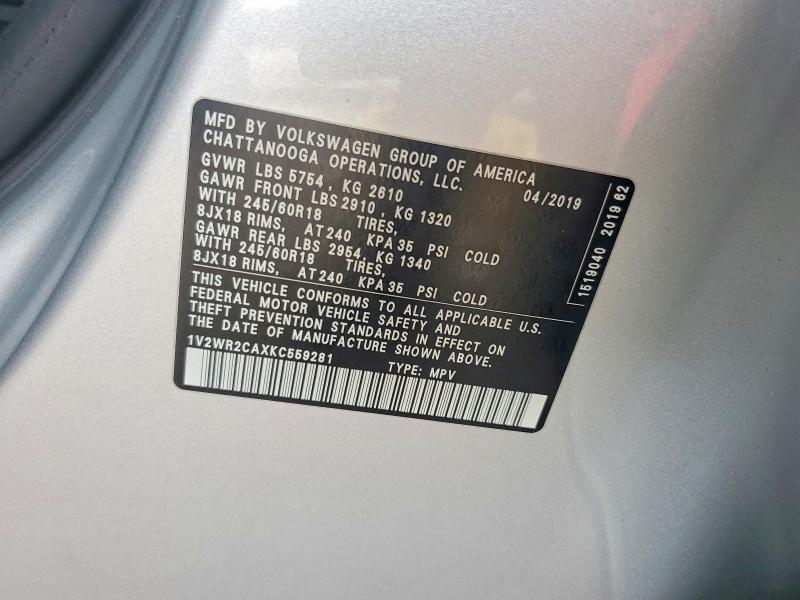 Продажа на аукционе авто 2019 Volkswagen Atlas, vin: 1V2WR2CAXKC559281, номер лота: 55275296