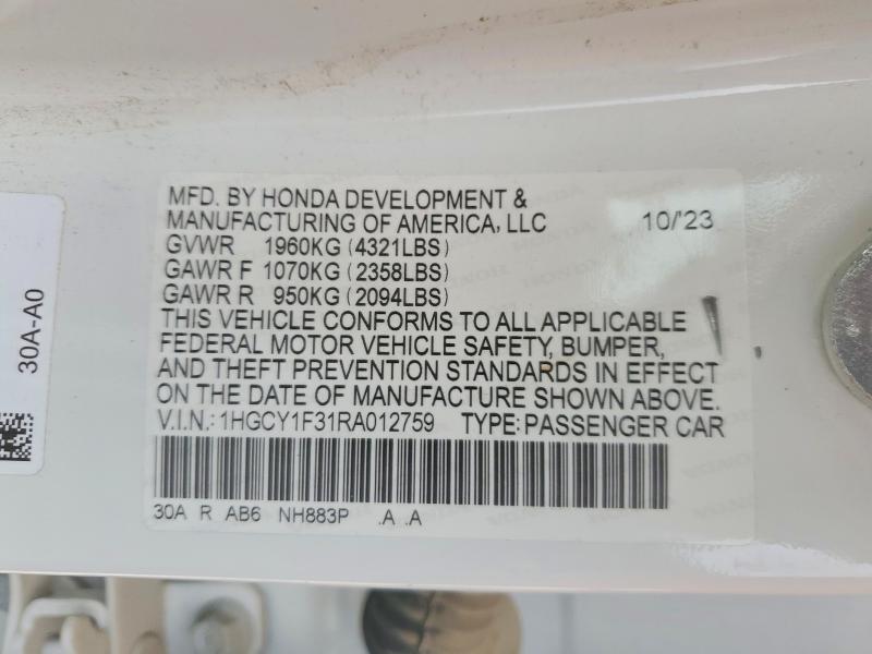 2024 Honda Accord მანქანა იყიდება აუქციონზე, vin: 1HGCY1F31RA012759, აუქციონის ნომერი: 54759876