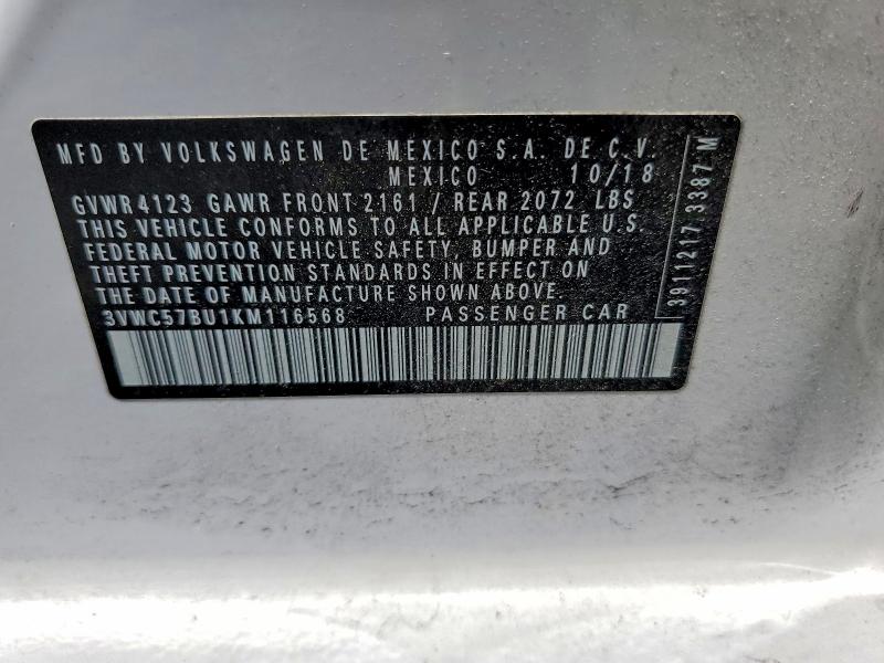 2019 Volkswagen Jetta მანქანა იყიდება აუქციონზე, vin: 3VWC57BU1KM116568, აუქციონის ნომერი: 52505066
