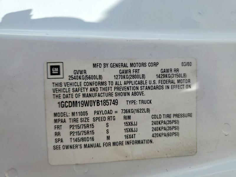 Aukcja sprzedaży 2000 Chev Astro, vin: 1GCDM19W0YB185749, numer aukcji: 52203236