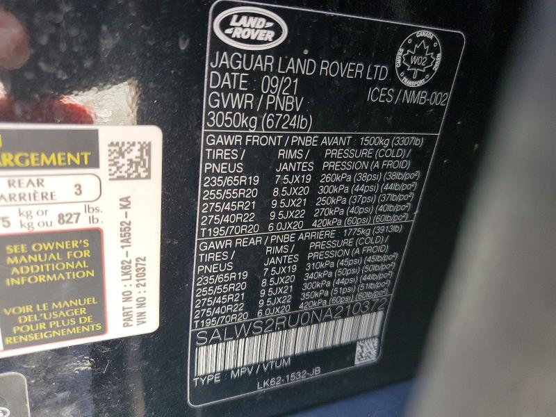 Продажа на аукционе авто 2022 Land Rover Range Rover Sport, vin: SALWS2RU0NA210372, номер лота: 54089416