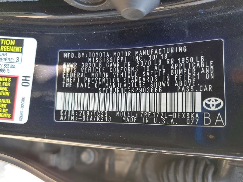 54471576 :رقم المزاد ، 5YFBURHE3KP903866 vin ، 2019 Toyota Corolla مزاد بيع
