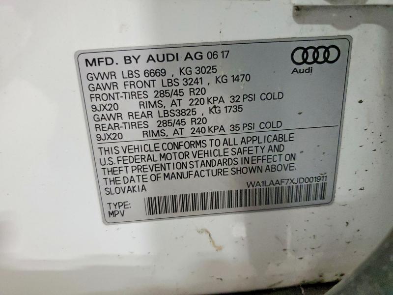2018 Audi Q7 მანქანა იყიდება აუქციონზე, vin: WA1LAAF7XJD001911, აუქციონის ნომერი: 54677856