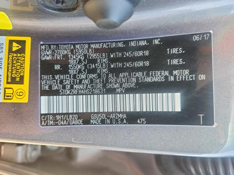Aukcja sprzedaży 2017 Toyota Highlander, vin: 5TDKZRFH4HS218631, numer aukcji: 53325376