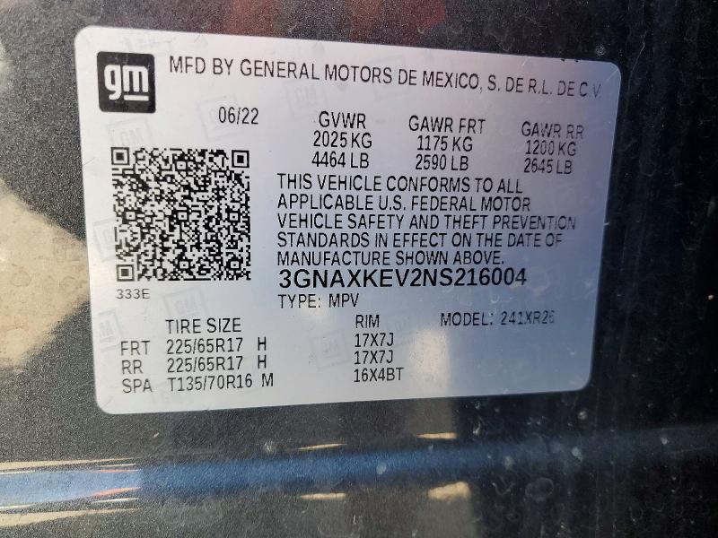 2022 Chevrolet Equinox მანქანა იყიდება აუქციონზე, vin: 3GNAXKEV2NS216004, აუქციონის ნომერი: 53449826