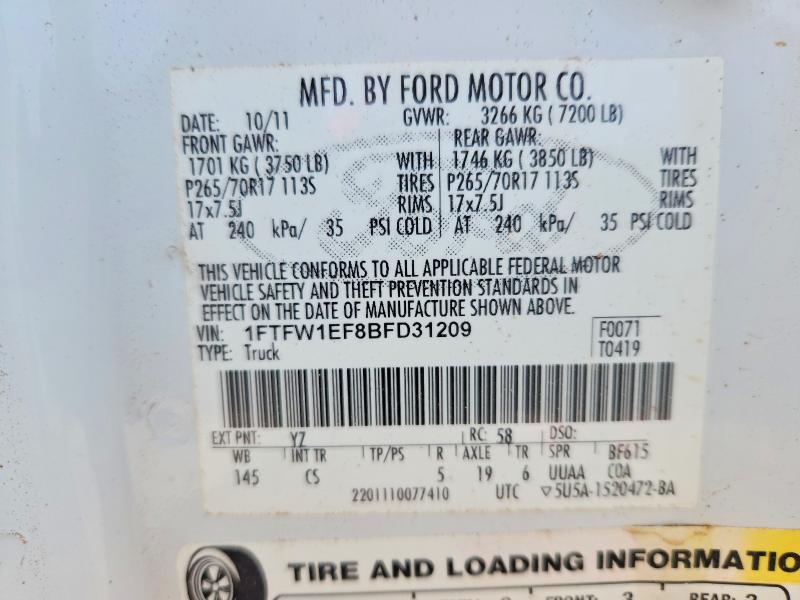52716846 :رقم المزاد ، 1FTFW1EF8BFD31209 vin ، 2011 Ford F150 مزاد بيع