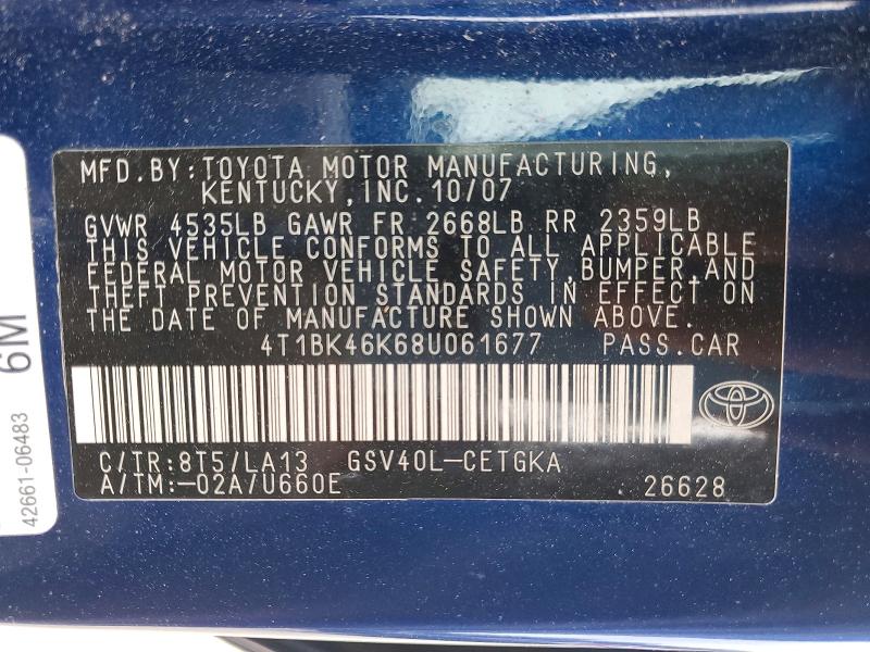 50784506 :رقم المزاد ، 4T1BK46K68U061677 vin ، 2008 Toyota Camry مزاد بيع