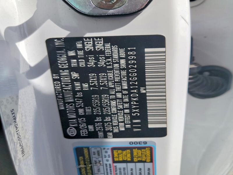 53555006 :رقم المزاد ، 5XYPKDA12GG029981 vin ، 2016 Kia Sorento مزاد بيع