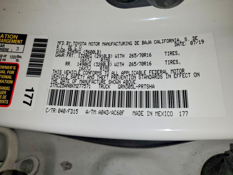 Auction sale of the 2019 Toyota Tacoma, vin: 3TMCZ5AN8KM277571, lot number: 54178016