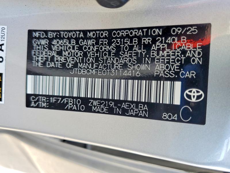 Продаж на аукціоні авто 2026 Toyota Corolla Hybrid, vin: JTDBCMFE0T3114416, номер лоту: 52291236