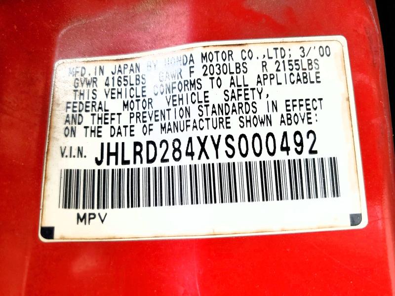 Aukcja sprzedaży 2000 Honda Cr-v, vin: JHLRD284XYS000492, numer aukcji: 52051816
