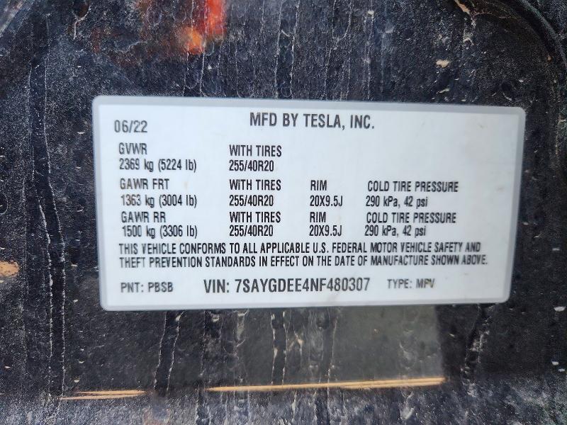 51572466 :رقم المزاد ، 7SAYGDEE4NF480307 vin ، 2022 Tesla Model Y مزاد بيع