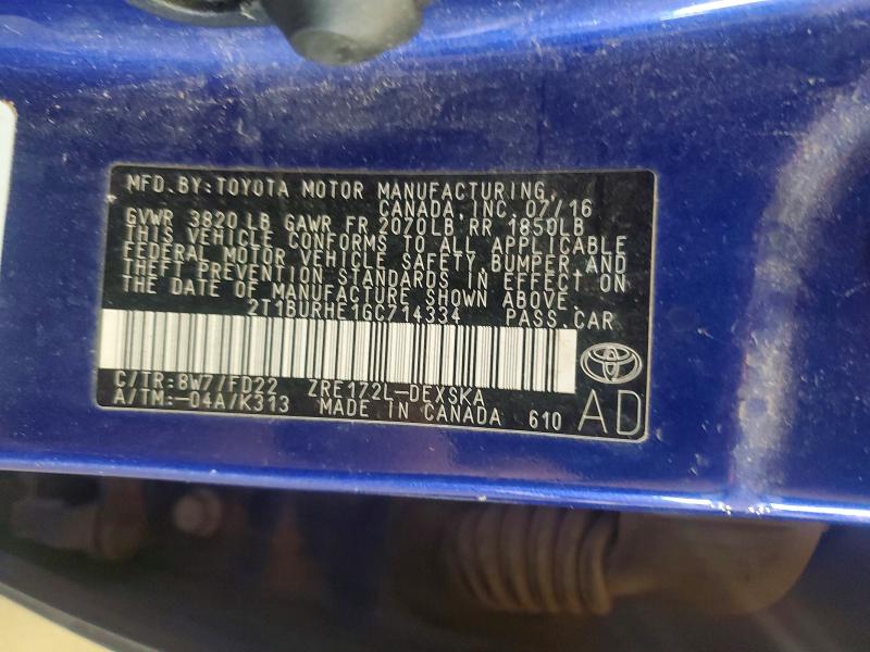 Aukcja sprzedaży 2016 Toyota Corolla, vin: 2T1BURHE1GC714334, numer aukcji: 53819916