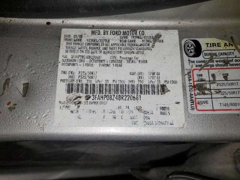 Продаж на аукціоні авто 2008 Ford Fusion, vin: 3FAHP08Z48R220681, номер лоту: 52557466