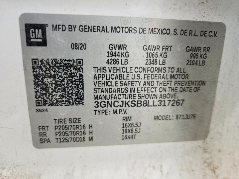 2020 Chevrolet Trax მანქანა იყიდება აუქციონზე, vin: 3GNCJKSB8LL317267, აუქციონის ნომერი: 52243506