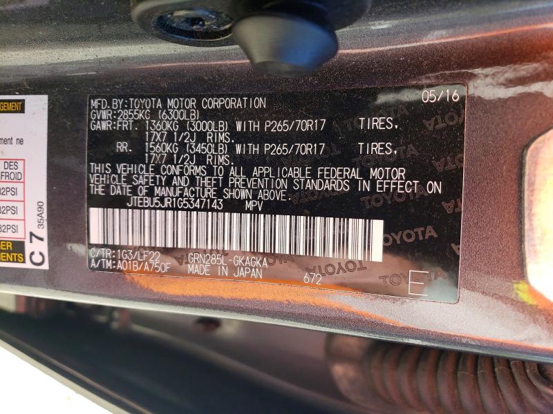 2016 Toyota 4runner მანქანა იყიდება აუქციონზე, vin: JTEBU5JR1G5347143, აუქციონის ნომერი: 53191786