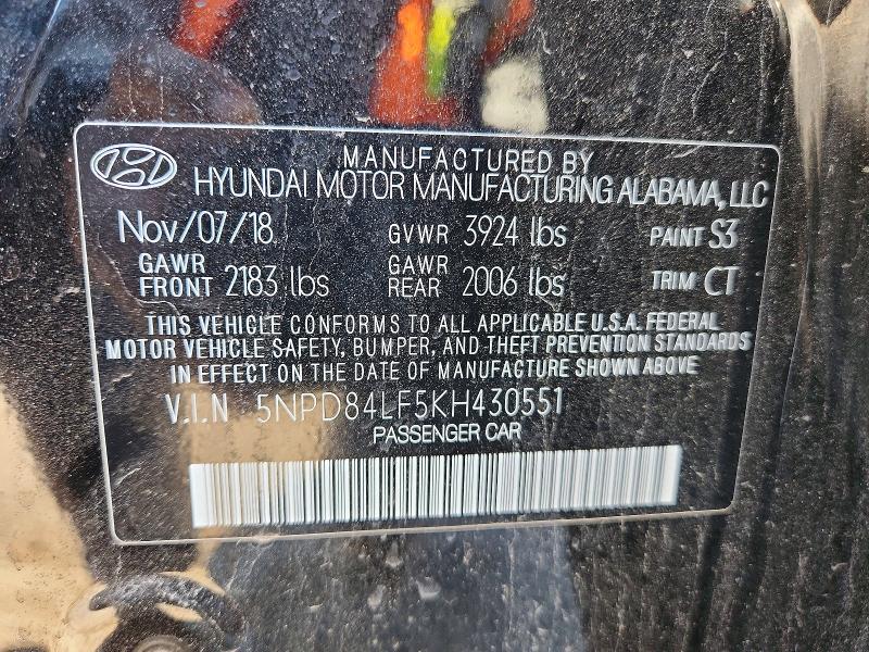 53776546 :رقم المزاد ، 5NPD84LF5KH430551 vin ، 2019 Hyundai Elantra مزاد بيع