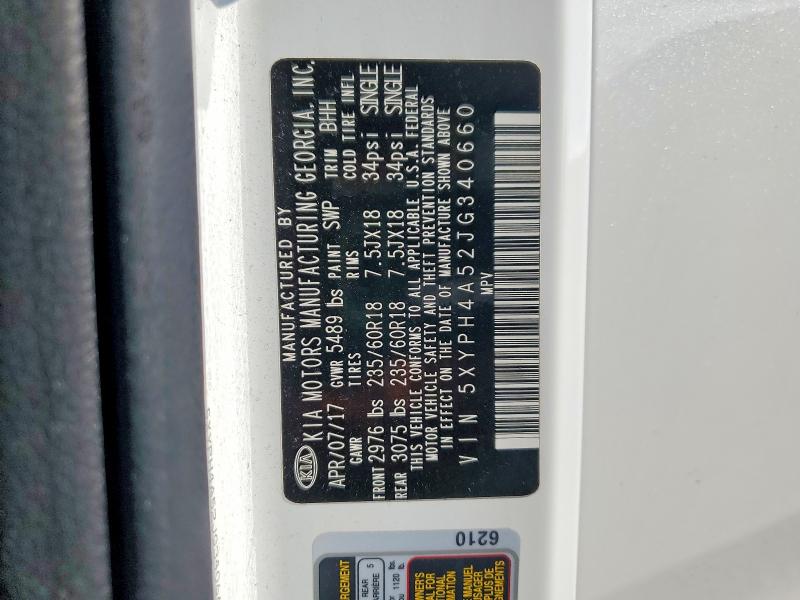 2018 Kia Sorento მანქანა იყიდება აუქციონზე, vin: 5XYPH4A52JG340660, აუქციონის ნომერი: 54811256