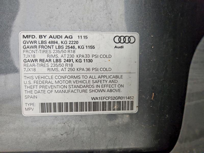 Продаж на аукціоні авто 2016 Audi Q3, vin: WA1EFCFS2GR011452, номер лоту: 51868166