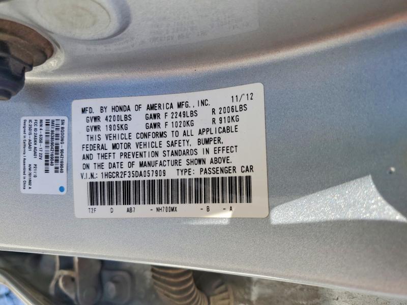 2013 Honda Accord მანქანა იყიდება აუქციონზე, vin: 1HGCR2F35DA057909, აუქციონის ნომერი: 52185546