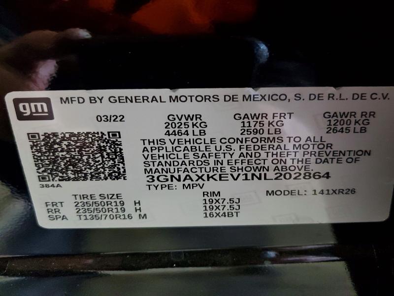 2022 Chevrolet Equinox მანქანა იყიდება აუქციონზე, vin: 3GNAXKEV1NL202864, აუქციონის ნომერი: 52484006