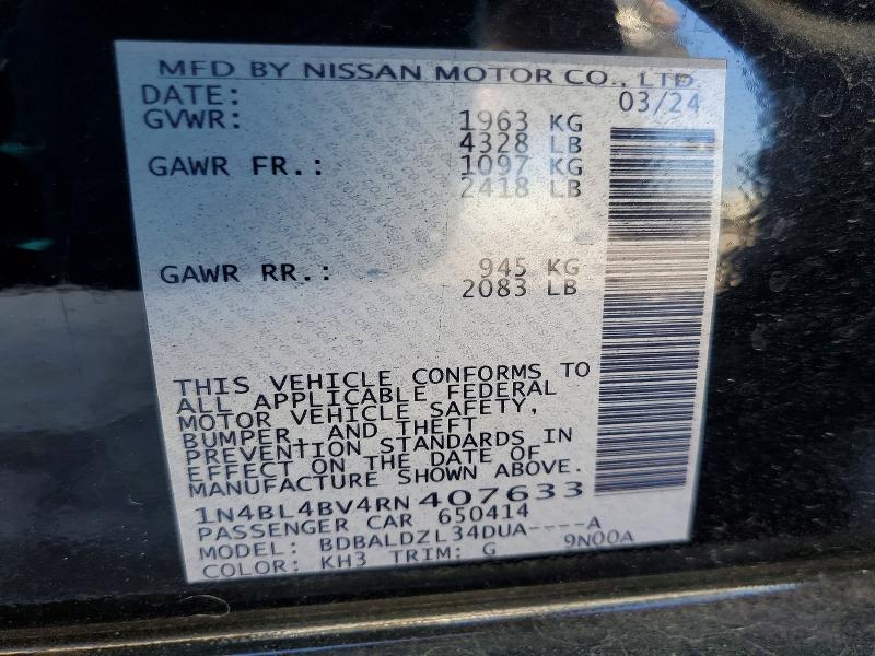 2024 Nissan Altima მანქანა იყიდება აუქციონზე, vin: 1N4BL4BV4RN407633, აუქციონის ნომერი: 53023986