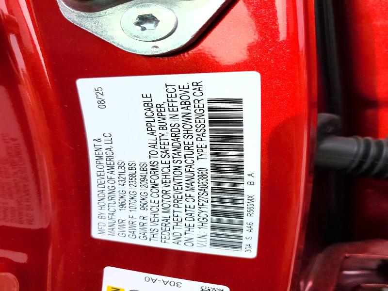 2025 Honda Accord მანქანა იყიდება აუქციონზე, vin: 1HGCY1F27SA063860, აუქციონის ნომერი: 53411796