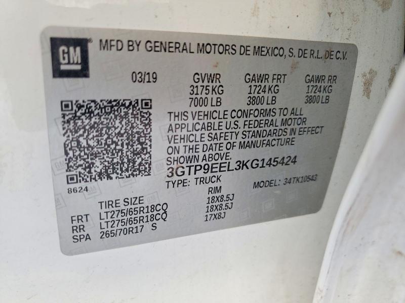 Aukcja sprzedaży 2019 Gmc Sierra, vin: 3GTP9EEL3KG145424, numer aukcji: 55327276