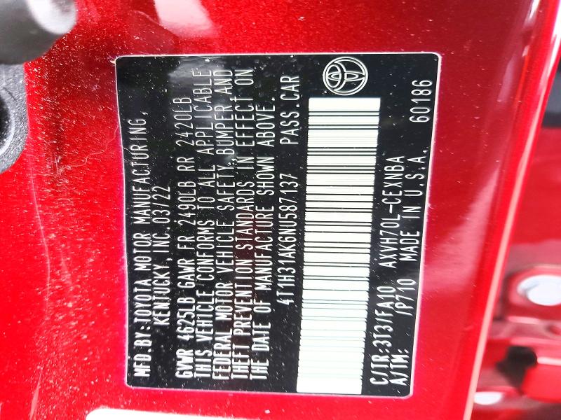 53059326 :رقم المزاد ، 4T1H31AK6NU587137 vin ، 2022 Toyota Camry مزاد بيع