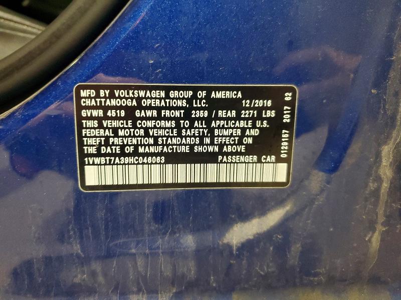 Aukcja sprzedaży 2017 Volkswagen Passat, vin: 1VWBT7A39HC046063, numer aukcji: 53873776