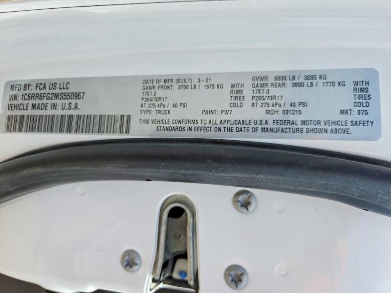 2021 Ram 1500 Classic მანქანა იყიდება აუქციონზე, vin: 1C6RR6FG2MS550967, აუქციონის ნომერი: 54344416